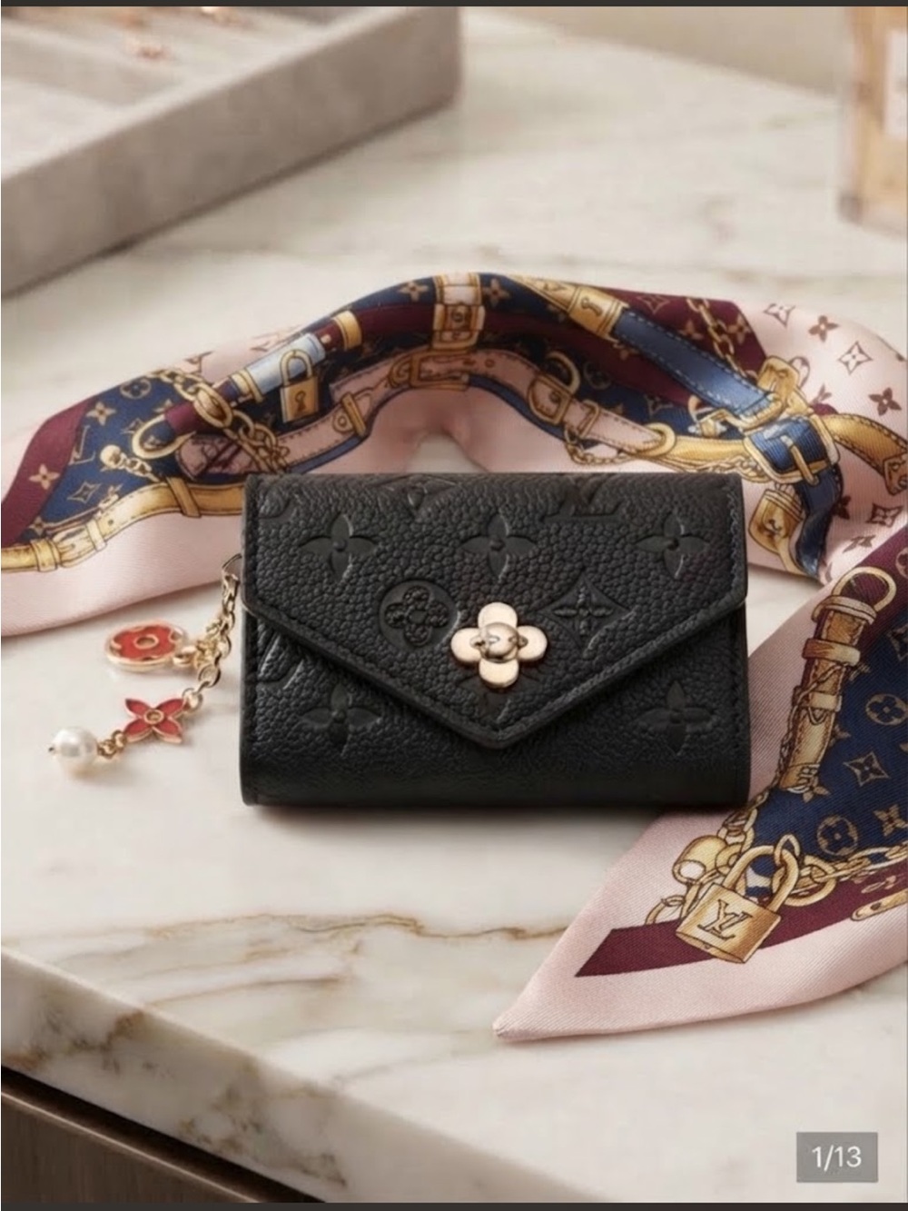 Black Embossed short Wallet with Gold Floral Accent